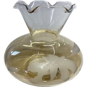 Light Amber Etched Glass Console Vase Ruffled Rim Lilies Yellow 4.75 inch